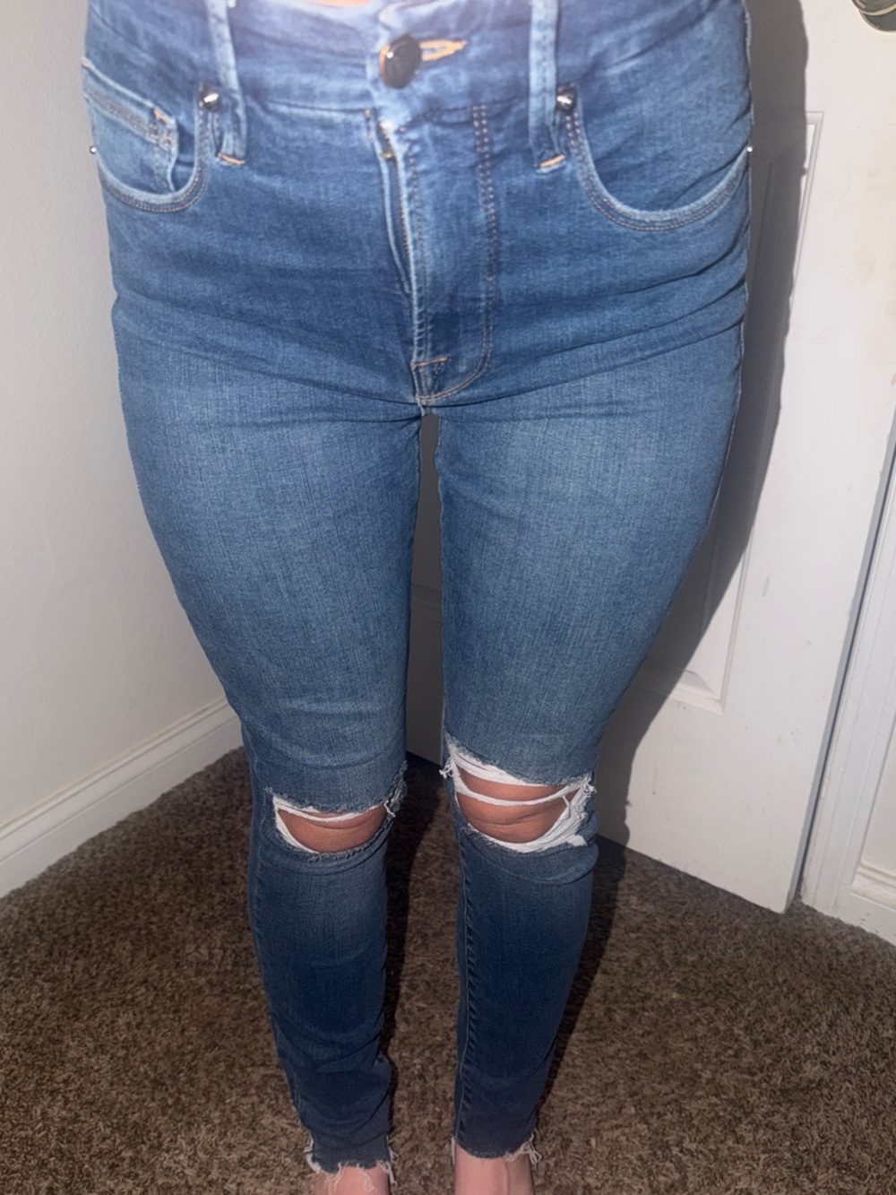 High-Rise Dark Wash Ripped Skinny Jeans - Dark Blue Good American